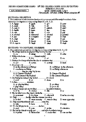 Đề thi chọn học sinh giỏi cấp trường môn Tiếng Anh Lớp 7 - Năm học 2014-2015 - Phòng GD&ĐT Bình Giang (Kèm hướng dẫn chấm)
