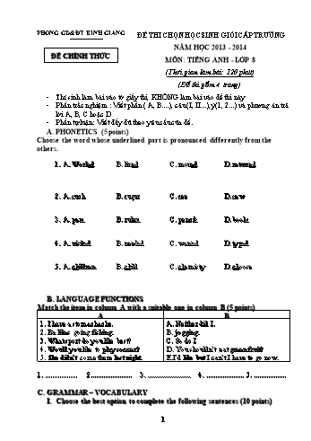 Đề thi chọn học sinh giỏi cấp trường môn Tiếng Anh Lớp 8 - Năm học 2013-2014 - Phòng GD&ĐT Bình Giang (Có đáp án)