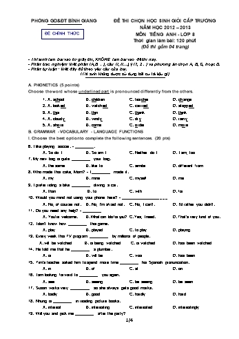 Đề thi chọn học sinh giỏi cấp trường môn Tiếng Anh Lớp 8 - Năm học 2012-2013 - Phòng GD&ĐT Bình Giang (Có đáp án)