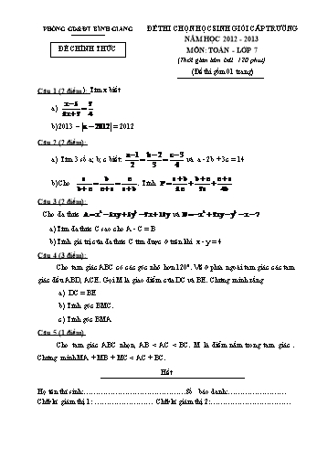 Đề thi chọn học sinh giỏi cấp trường môn Toán 7 - Năm học 2012-2013 - Phòng GD&ĐT Bình Giang (Có đáp án)