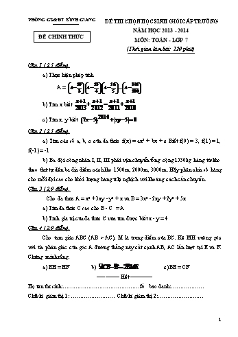 Đề thi chọn học sinh giỏi cấp trường môn Toán 7 - Năm học 2013-2014 - Phòng GD&ĐT Bình Giang (Có đáp án)