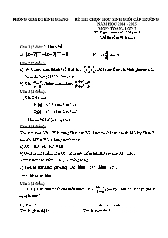 Đề thi chọn học sinh giỏi cấp trường môn Toán 7 - Năm học 2014-2015 - Phòng GD&ĐT Bình Giang (Có đáp án)