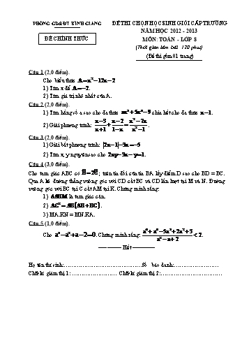 Đề thi chọn học sinh giỏi cấp trường môn Toán 8 - Năm học 2012-2013 - Phòng GD&ĐT Bình Giang (Có đáp án)