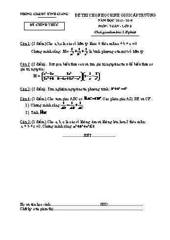 Đề thi chọn học sinh giỏi cấp trường môn Toán 8 - Năm học 2013-2014 - Phòng GD&ĐT Bình Giang (Có đáp án)