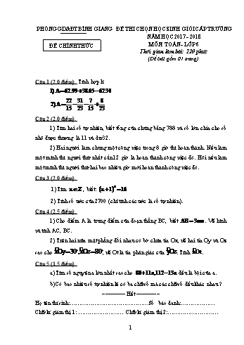 Đề thi chọn học sinh giỏi cấp trường môn Toán Lớp 6 - Năm học 2017-2018 - Phòng GD&ĐT Bình Giang