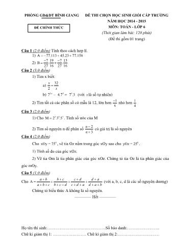 Đề thi chọn học sinh giỏi cấp trường môn Toán Lớp 6 - Năm học 2014-2015 - Phòng GD&ĐT Bình Giang