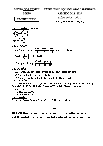 Đề thi chọn học sinh giỏi cấp trường môn Toán Lớp 7 - Năm học 2014-2015 (Kèm hướng dẫn chấm)