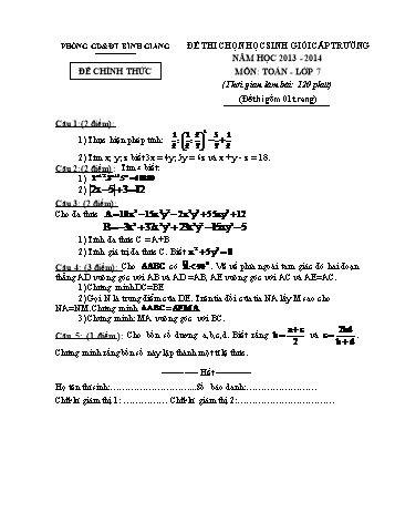 Đề thi chọn học sinh giỏi cấp trường môn Toán Lớp 7 - Năm học 2013-2014 - Phòng GD&ĐT Bình Giang (Có đáp án)