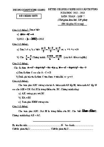Đề thi chọn học sinh giỏi cấp trường môn Toán Lớp 7 - Năm học 2012-2013 - Phòng GD&ĐT Bình Giang (Có đáp án)