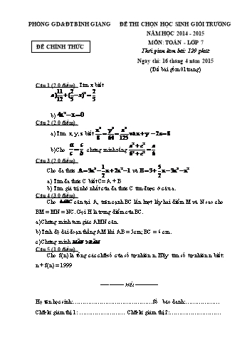 Đề thi chọn học sinh giỏi cấp trường môn Toán Lớp 7 - Năm học 2014-2015 - Trường THCS Hùng Thắng (Có đáp án)