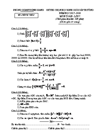 Đề thi chọn học sinh giỏi cấp trường môn Toán Lớp 7 - Năm học 2017-2018 - Phòng GD&ĐT Bình Giang