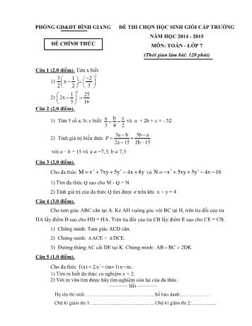 Đề thi chọn học sinh giỏi cấp trường môn Toán Lớp 7 - Năm học 2014-2015 - Phòng GD&ĐT Bình Giang