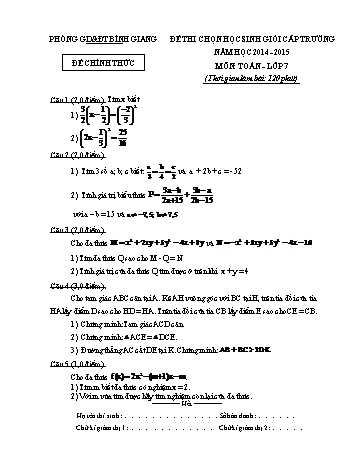 Đề thi chọn học sinh giỏi cấp trường môn Toán Lớp 7 - Năm học 2014-2015 - Phòng GD&ĐT Bình Giang (Có đáp án và biểu điểm)