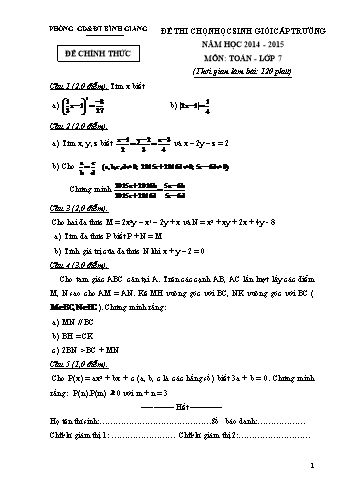 Đề thi chọn học sinh giỏi cấp trường môn Toán Lớp 7 - Năm học 2014-2015 - Phòng GD&ĐT Bình Giang (Có đáp án)