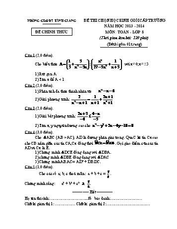 Đề thi chọn học sinh giỏi cấp trường môn Toán Lớp 8 - Năm học 2013-2014 - Phòng GD&ĐT Bình Giang (Có đáp án)