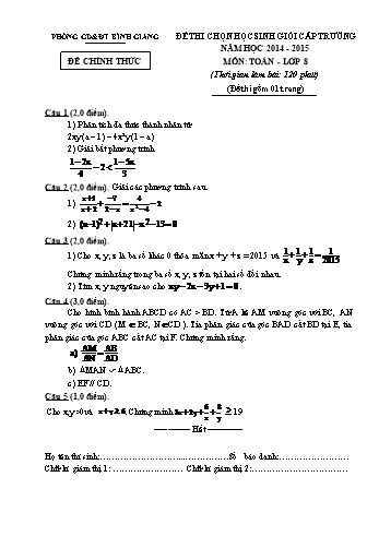 Đề thi chọn học sinh giỏi cấp trường môn Toán Lớp 8 - Năm học 2014-2015 - Trường THCS Hùng Thắng (Có đáp án)