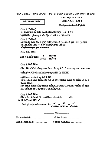Đề thi chọn học sinh giỏi cấp trường môn Toán Lớp 8 - Năm học 2015-2016 (Kèm hướng dẫn chấm)