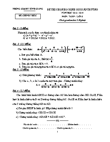 Đề thi chọn học sinh giỏi cấp trường môn Toán Lớp 8 - Năm học 2013-2014 (Có đáp án)