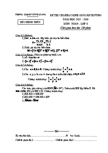 Đề thi chọn học sinh giỏi cấp trường môn Toán Lớp 8 - Năm học 2015-2016 - Phòng GD&ĐT Bình Giang (Có đáp án và biểu điểm)