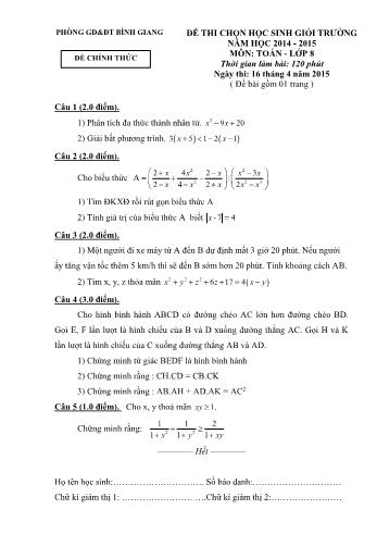 Đề thi chọn học sinh giỏi cấp trường môn Toán Lớp 8 - Năm học 2014-2015 - Phòng GD&ĐT Bình Giang