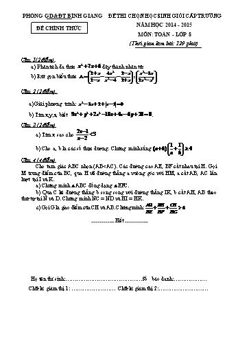 Đề thi chọn học sinh giỏi cấp trường môn Toán Lớp 8 - Năm học 2014-2015 - Phòng GD&ĐT Bình Giang (Có đáp án và thang điểm)