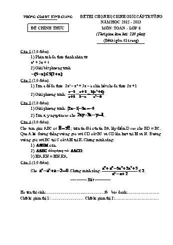 Đề thi chọn học sinh giỏi cấp trường môn Toán Lớp 8 - Năm học 2012-2013 - Phòng GD&ĐT Bình Giang (Có đáp án)