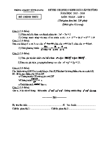 Đề thi chọn học sinh giỏi cấp trường môn Toán Lớp 8 - Năm học 2015-2016 (Có đáp án)