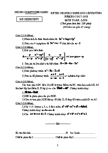 Đề thi chọn học sinh giỏi cấp trường môn Toán Lớp 8 - Năm học 2017-2018 - Phòng GD&ĐT Bình Giang