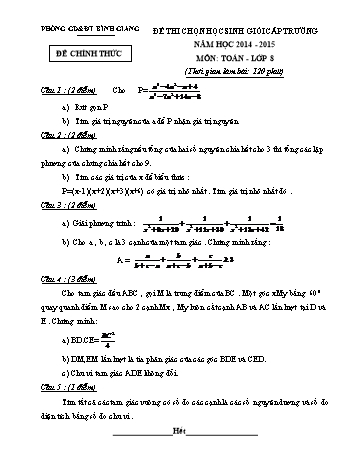 Đề thi chọn học sinh giỏi cấp trường môn Toán Lớp 8 - Năm học 2014-2015 - Phòng GD&ĐT Bình Giang (Có đáp án)