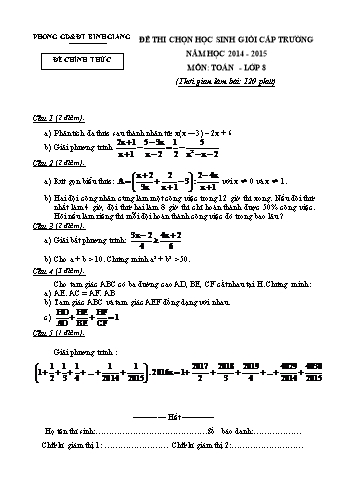 Đề thi chọn học sinh giỏi cấp trường môn Toán Lớp 8 - Năm học 2014-2015 - Phòng GD&ĐT Bình Giang (Kèm hướng dẫn chấm)
