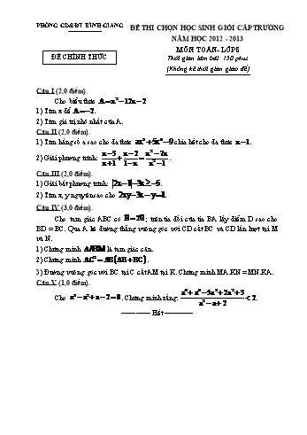 Đề thi chọn học sinh giỏi cấp trường môn Toán Lớp 8 - Năm học 2012-2013 - Phòng GD&ĐT Bình Giang (Kèm hướng dẫn chấm)