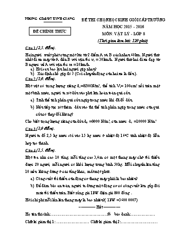 Đề thi chọn học sinh giỏi cấp trường môn Vật lí Lớp 8 - Năm học 2015-2016 (Kèm hướng dẫn chấm)