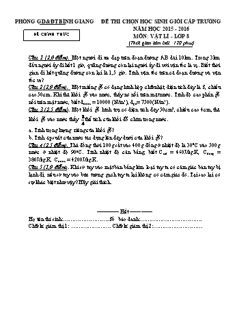 Đề thi chọn học sinh giỏi cấp trường môn Vật lí Lớp 8 - Năm học 2015-2016 - Phòng GD&ĐT Bình Giang (Kèm hướng dẫn chấm)