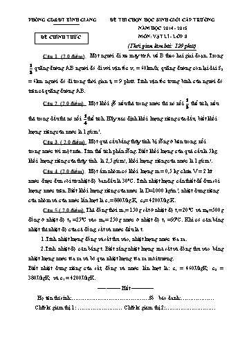 Đề thi chọn học sinh giỏi cấp trường môn Vật lí Lớp 8 - Năm học 2014-2015 - Phòng GD&ĐT Bình Giang (Kèm hướng dẫn chấm)
