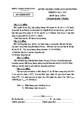 Đề thi chọn học sinh giỏi cấp trường môn Vật lý Lớp 8 - Năm học 2014-2015 - Phòng GD&ĐT Bình Giang (Kèm hướng dẫn chấm)