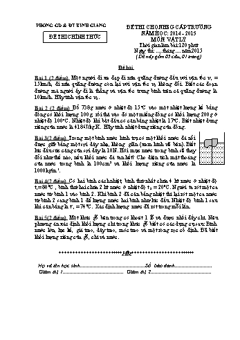 Đề thi chọn học sinh giỏi cấp trường môn Vật lý - Năm học 2014-2015 - Phòng GD&ĐT Bình Giang (Có đáp án)