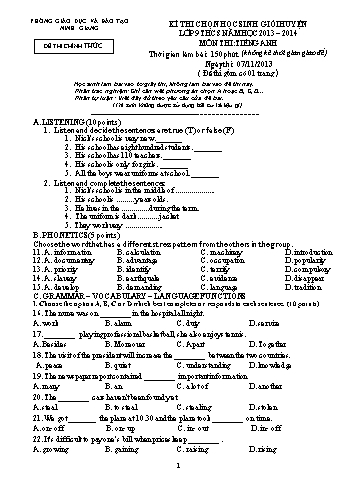 Đề thi chọn học sinh giỏi huyện lớp 9 THCS môn Tiếng Anh - Năm học 2013-2014 - Phòng GD&ĐT Ninh Giang (Có đáp án + File nghe)