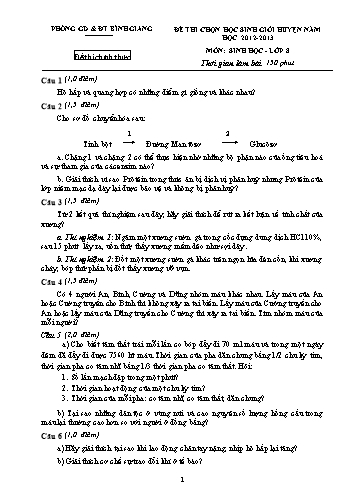Đề thi chọn học sinh giỏi huyện môn Sinh học Lớp 8 - Năm học 2012-2013 - Phòng GD&ĐT Bình Giang (Kèm hướng dẫn chấm)