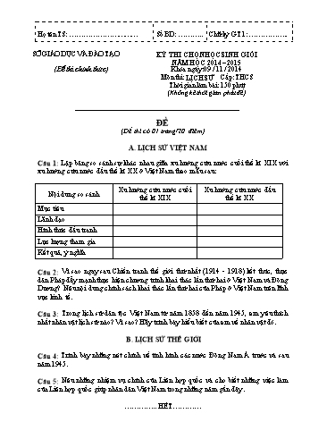 Đề thi chọn học sinh giỏi môn Lịch sử cấp THCS - Năm học 2014-2015