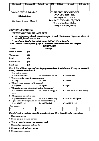 Đề thi chọn học sinh giỏi môn Tiếng Anh cấp THCS - Năm học 2014-2015