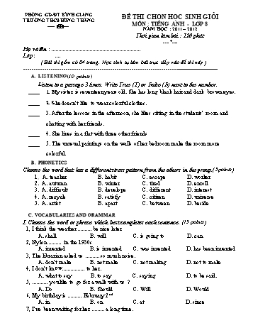 Đề thi chọn học sinh giỏi môn Tiếng Anh Lớp 8 - Năm học 2011-2012 - Trường THCS Hùng Thắng (Có đáp án)