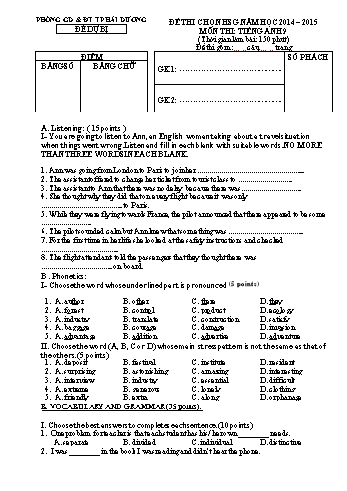 Đề thi chọn học sinh giỏi môn Tiếng Anh Lớp 9 (Đề dự bị) - Năm học 2014-2015 - Phòng GD&ĐT TP Hải Dương (Kèm hướng dẫn chấm)