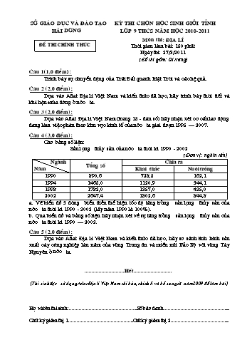 Đề thi chọn học sinh giỏi tỉnh lớp 9 THCS môn Địa lí - Năm học 2010-2011 - Sở GD&ĐT Hải Dương (Kèm hướng dẫn chấm)