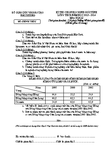 Đề thi chọn học sinh giỏi tỉnh lớp 9 THCS môn Địa lí - Năm học 2013-2014 - Sở GD&ĐT Hải Dương (Kèm hướng dẫn chấm)