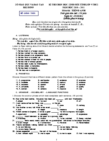 Đề thi chọn học sinh giỏi tỉnh lớp 9 THCS môn Tiếng Anh - Năm học 2010-2011 - Sở GD&ĐT Hải Dương