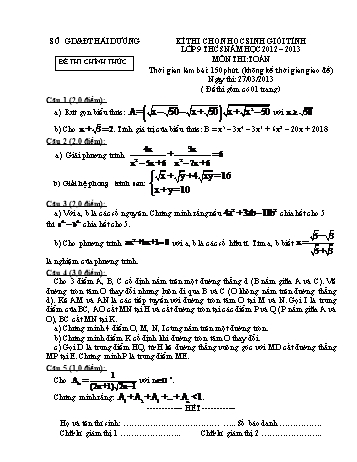 Đề thi chọn học sinh giỏi tỉnh lớp 9 THCS môn Toán - Năm học 2012-2013 - Sở GD&ĐT Hải Dương
