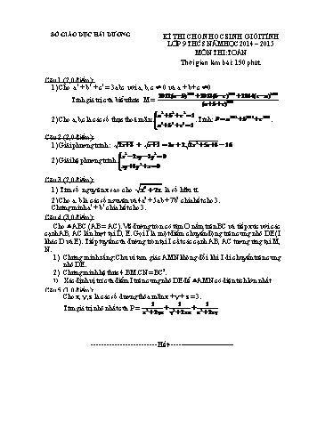 Đề thi chọn học sinh giỏi tỉnh lớp 9 THCS môn Toán - Năm học 2014-2015 - Sở GD&ĐT Hải Dương (Kèm hướng dẫn chấm)