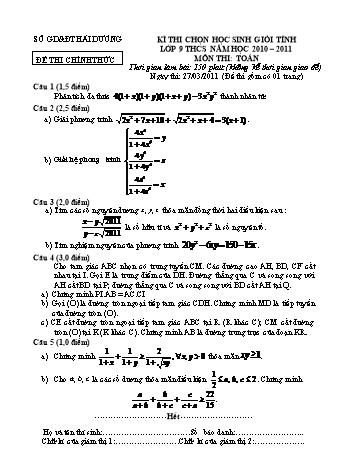 Đề thi chọn học sinh giỏi tỉnh lớp 9 THCS môn Toán - Năm học 2010-2011 - Sở GD&ĐT Hải Dương (Có đáp án)