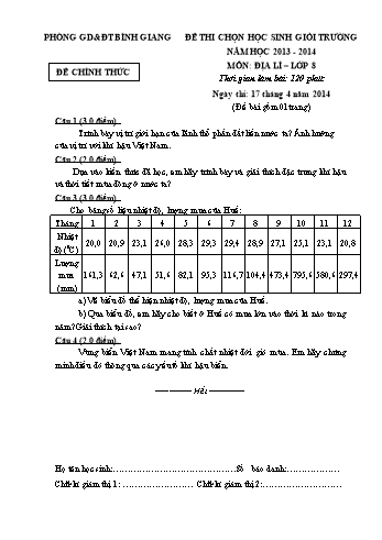 Đề thi chọn học sinh giỏi trường môn Địa lí Lớp 8 - Năm học 2013-2014 - Phòng GD&ĐT Bình Giang