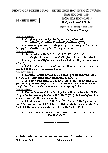Đề thi chọn học sinh giỏi trường môn Hóa học Lớp 8 - Năm học 2013-2014 - Phòng GD&ĐT Bình Giang